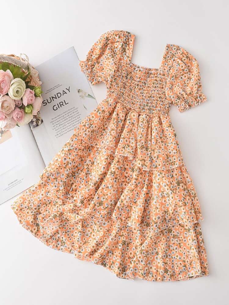 Toddler Girls Ditsy Floral Print Shirred Layered Dress | SHEIN