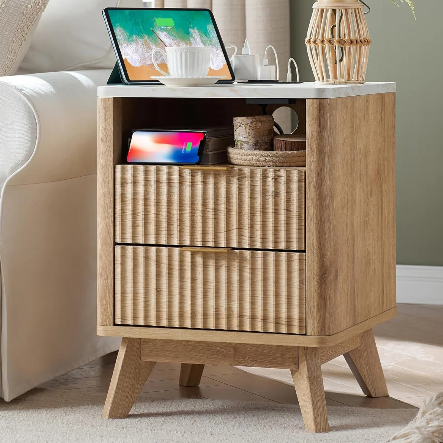 Hardester Vintage 2 - Drawer Nightstand with Charging Station, Bedside Table with Open Shelf | Wayfair North America