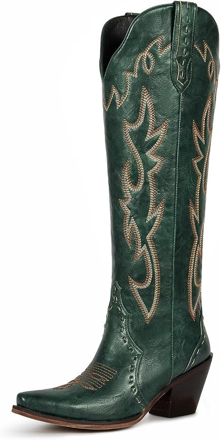 wetkiss Women's Knee High Cowboy Boots, Flame Embroidered Snip Toe | Amazon (US)