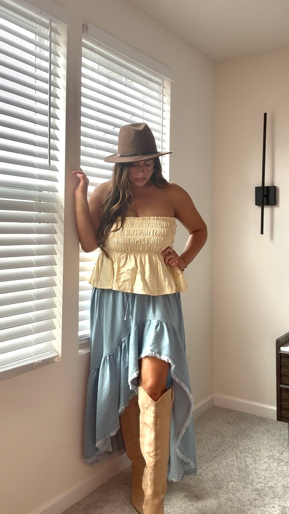 This hi-low skirt is so fun! And in style. Love it with the cowboy boots for a western vibe!

For reference: I’m 5’7” and wearing a size medium in the skirt 