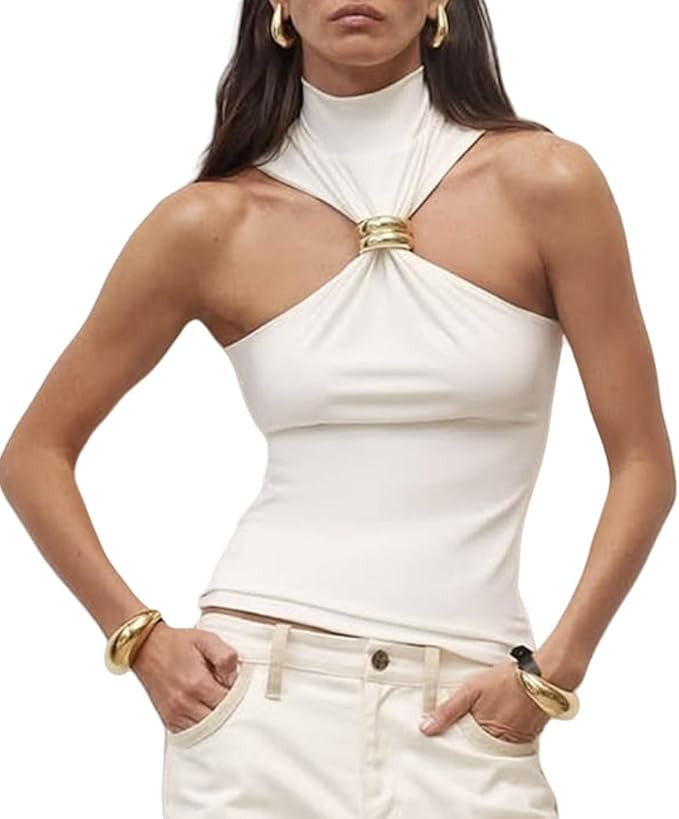 Women Halter Top Twist Front Sexy Ring Pleated Tank Top Turtleneck Dressy Sleeveless Summer Vest ... | Amazon (US)