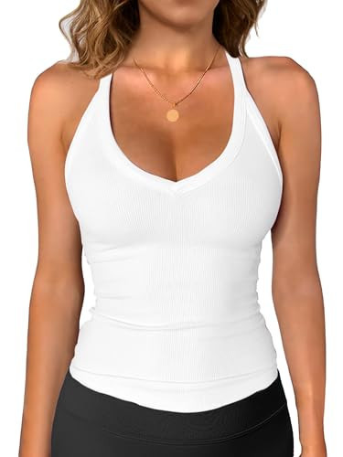 iGENJUN Womens Sleeveless V Neck Ribbed Tank Tops for Women Backless Slim Fitted Soft Basic Cami Shirts,XL,White | Amazon (US)