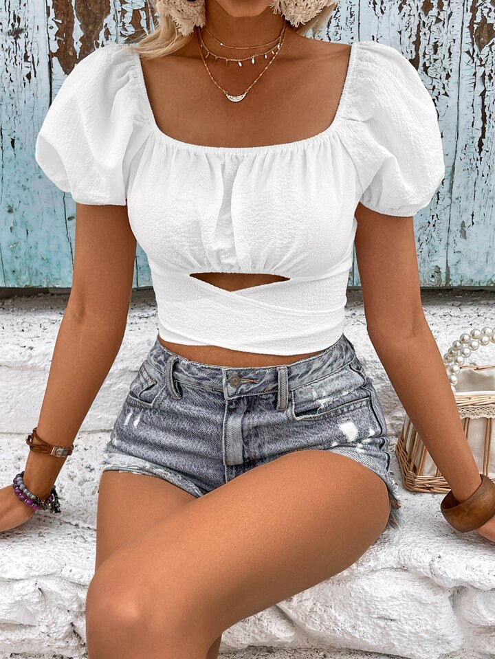 SHEIN VCAY Cut Out Knot Front Puff Sleeve Crop Blouse | SHEIN