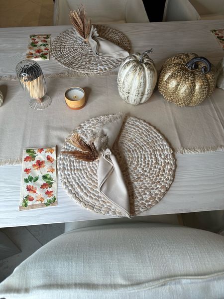 Thanksgiving table . Napkin rings, napkins, table runner, table , chairs , desks Ning room table and chairs, placemats, match clove, pumpkins , candles,white pumpkins, charcuterie board, home decor , kitchen decor 

#LTKSeasonal #LTKhome #LTKHoliday