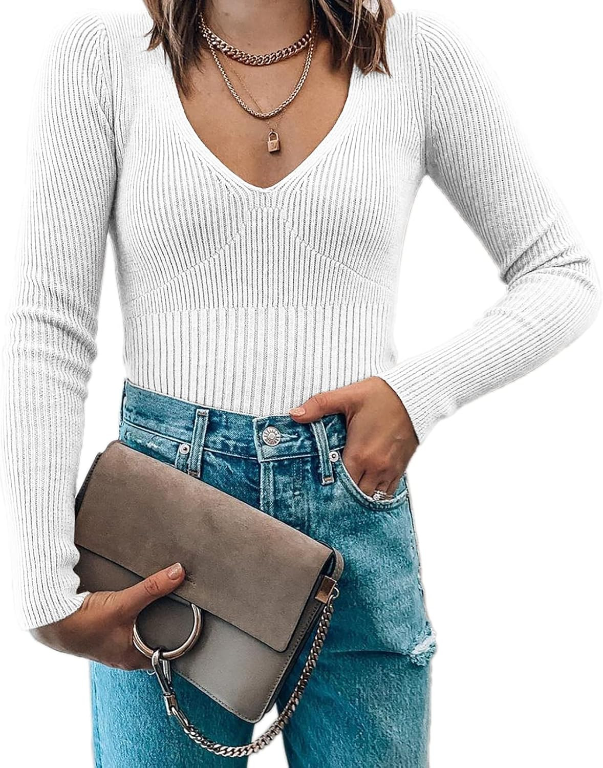 MISUMALLS Women's V Neck Long Sleeve Sweaters Ribbed Knit Casual Solid Pullover Jumper Tops | Amazon (US)
