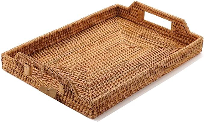 Hand-Woven Rattan Rectangular Serving Tray with Handles for Breakfast, Drinks, Snack for Dining/C... | Amazon (CA)