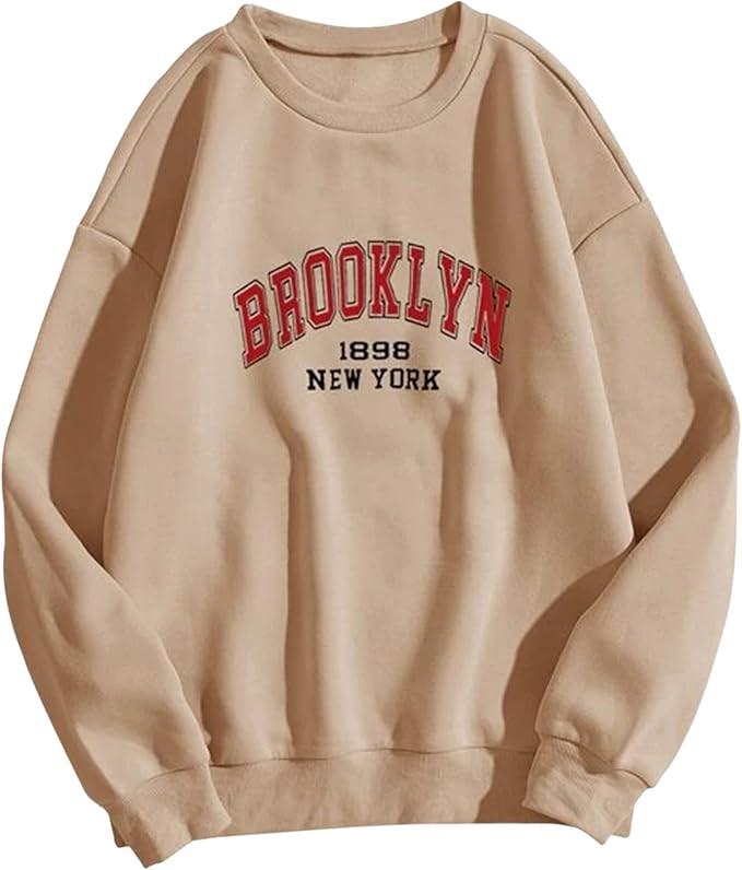 SAFRISIOR Women’s Brooklyn New York Letter Graphic Fleece Sweatshirt Oversized Round Neck Long ... | Amazon (US)