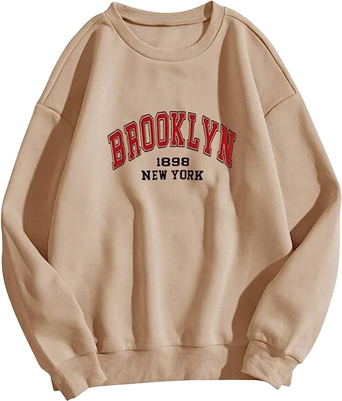 SAFRISIOR Women’s Brooklyn New York Letter Graphic Fleece Sweatshirt Oversized Round Neck Long ... | Amazon (US)