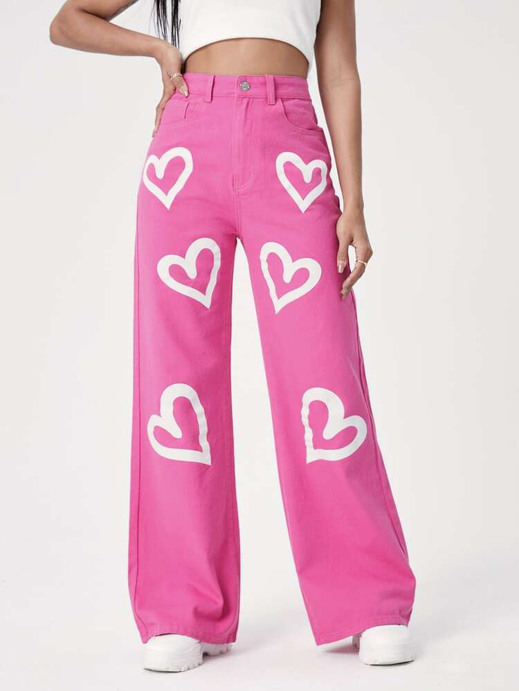 High Waist Heart Print Wide Leg Jeans | SHEIN