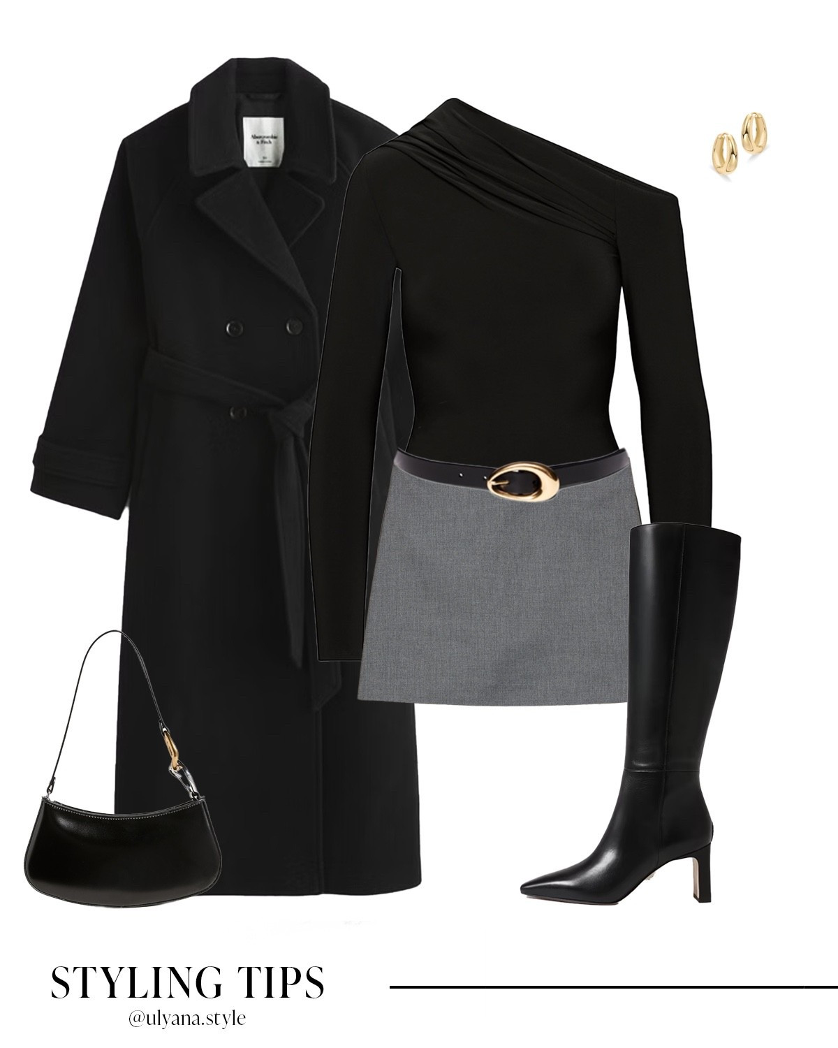 Chic winter date night outfit idea: a black wool blend trench coat layered with an off-the-shoulder black top, gray mini skirt, and black knee-high boots. The shoulder bag and hoop earrings complete an elevated fall-winter outfit that feels effortlessly stylish and easy to recreate.
.
.
.
.
.
#LTKCyberWeek #LTKGiftGuide #LTKHoliday #LTKootd #LTKSeasonal #LTKU #LTKSaleAlert #LTKFindsUnder50 #LTKFindsUnder100 #LTKWorkwear #LTKTravel 

Winter outfit | winter coat | black trench coat | wool coat long | trench coat outfit | skirt outfits | skirt and top | skirt and boots | mini skirt outfit | date night outfits | date night tops | knee high boots black | winter boots | winter shoes | black boots tall | outfit inspo | outfit ideas | classy outfit 
