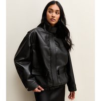 Women's Black Faux Leather Funnel Neck Oversized Jacket New Look | New Look (UK)