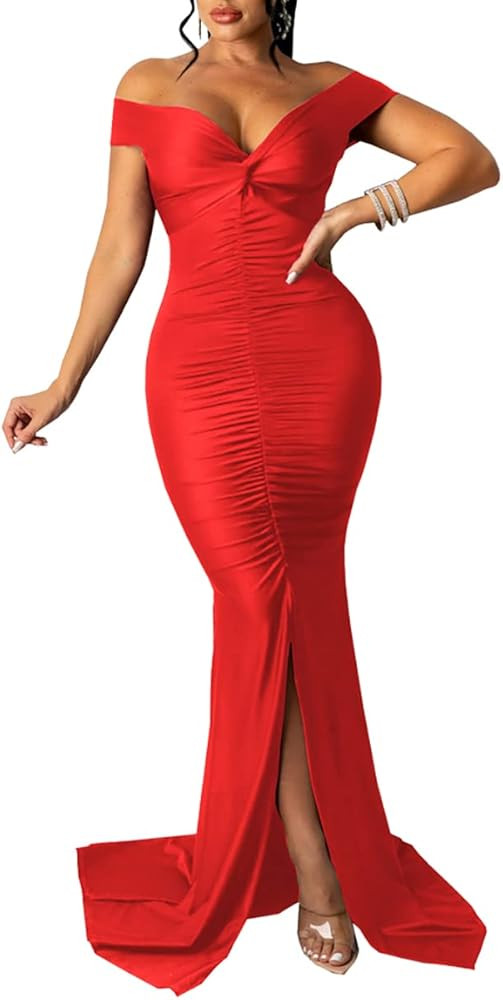 Sexy Formal Dress for Women Ruched Off Shoulder Club Cocktail Bodycon Evening Gown Maxi Long Dres... | Amazon (US)