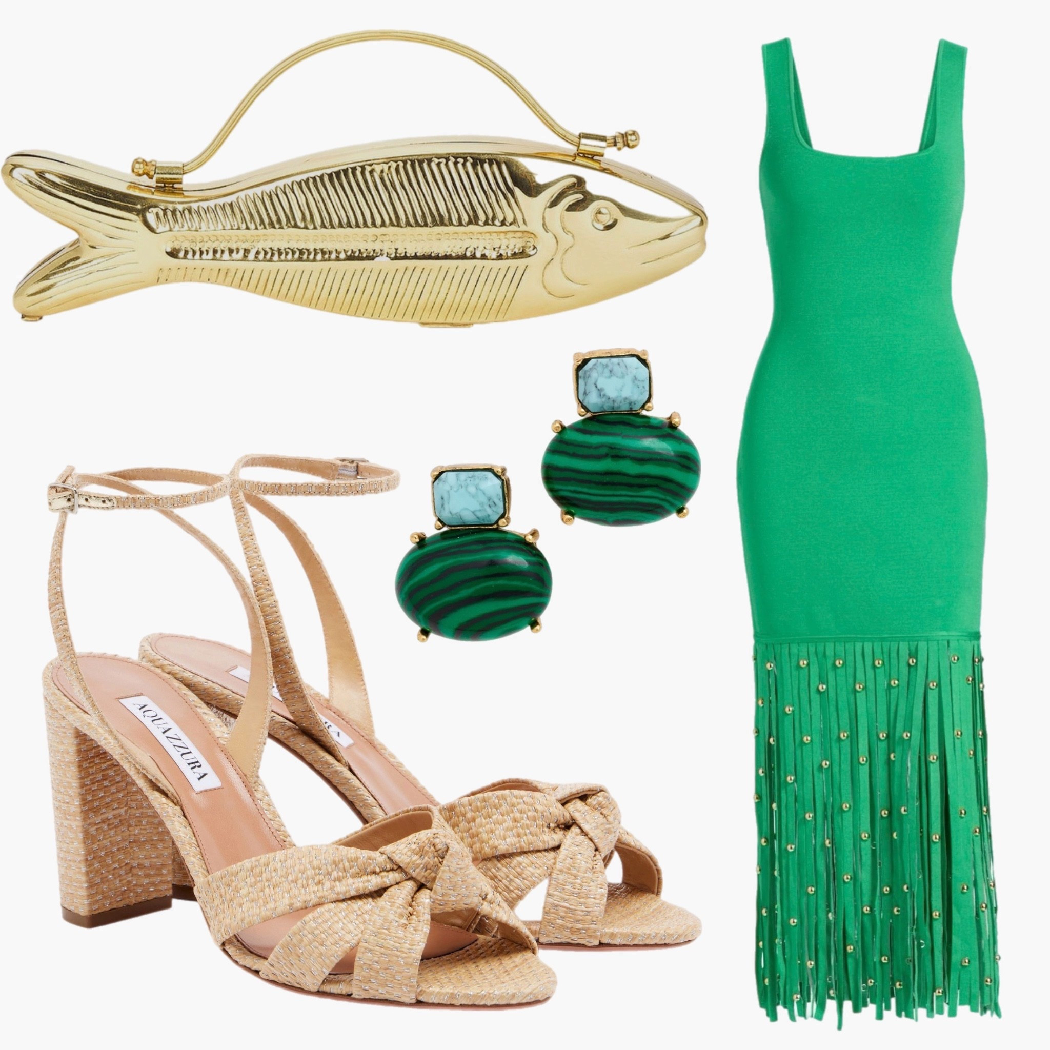 Green with envy 💚 This elevated summer look is giving effortless resort chic with a bold pop of color. The emerald green fringe midi dress makes a statement while the raffia block heels keep it grounded and wearable. Paired with turquoise + malachite statement earrings and a gold fish clutch for the perfect coastal-luxe vibe.

Perfect for: summer dinner outfits, vacation nights, beach club looks, tropical date nights, and destination events.

#LTKStyle #LTKItBag #SummerOutfit #VacationStyle #ResortWear #GreenDress #StatementEarrings #RaffiaHeels #BeachDinnerOutfit #TropicalStyle #VacationOutfit #SummerNights #CoastalChic #BoldStyle

#LTKSeasonal #LTKootd #LTKSaleAlert #LTKWedding
