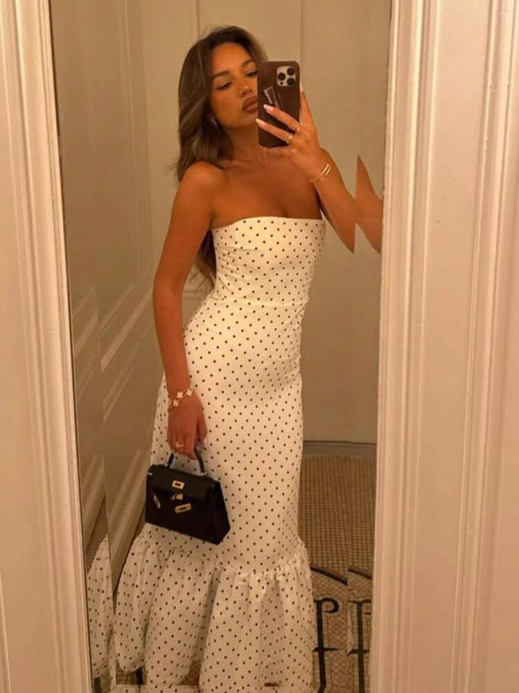 Women's Long Dress Stylish And Elegant Polka Dot Print Bandeau Slim Pleated Patchwork Hip Wrapping Sexy Summer Vacation Fresh Style Dress | SHEIN