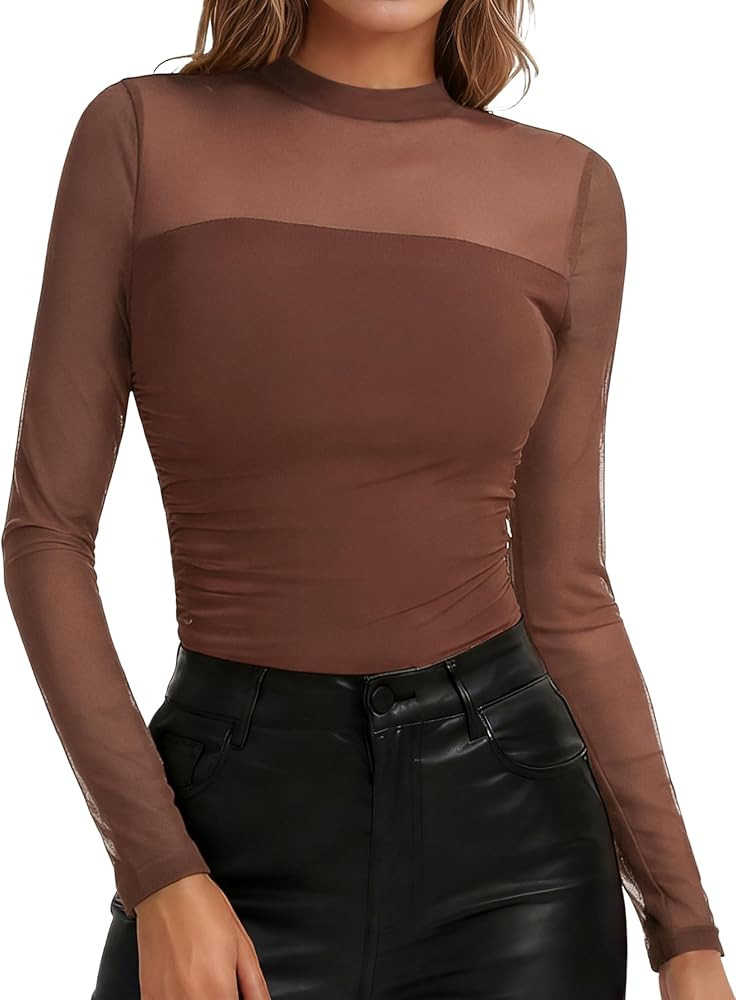Women’s Mesh Sheer Long Sleeve Top Mock Turtleneck Sexy Going Out Shirts Fashion Clothing Slim ... | Amazon (US)
