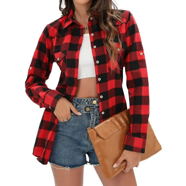 Siliteelon Long Sleeve Red Plaid Flannel Shirts for Women Roll Up Shirt with Pockets | Walmart (US)