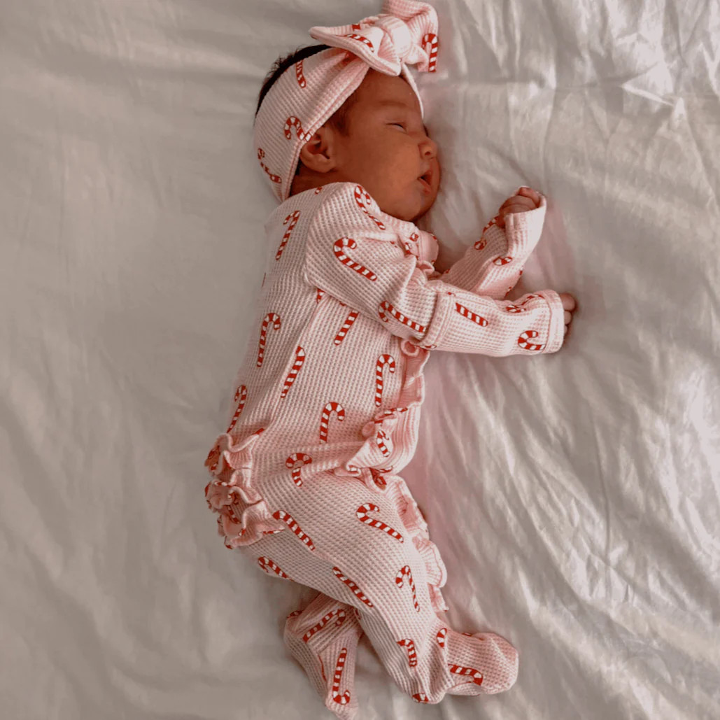 Organic Waffle Ruffle Zip Footie, Pink Candy Cane | SpearmintLOVE