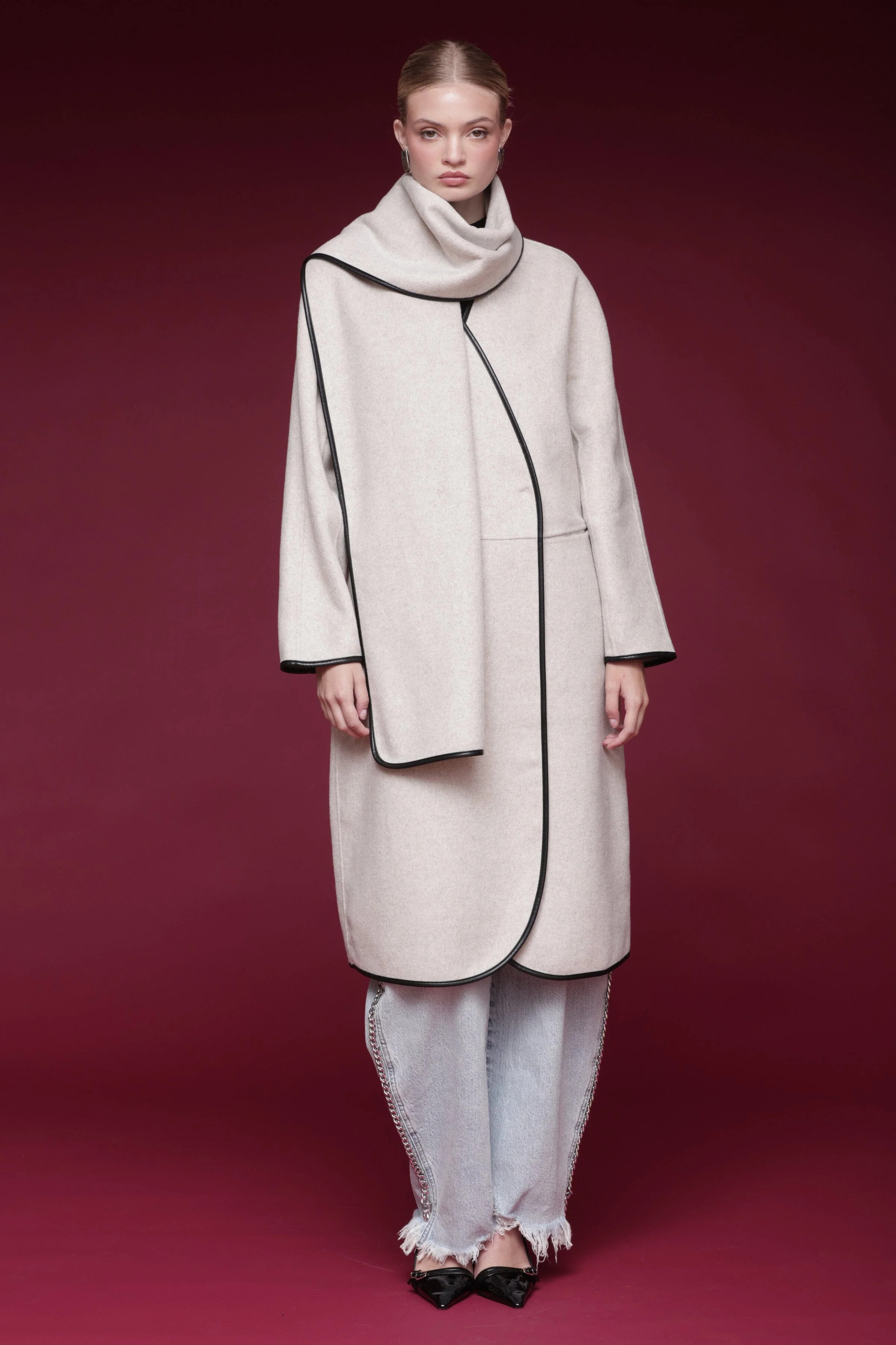 Contrast Trim Wool Blend Scarf Coat | Avec Les Filles