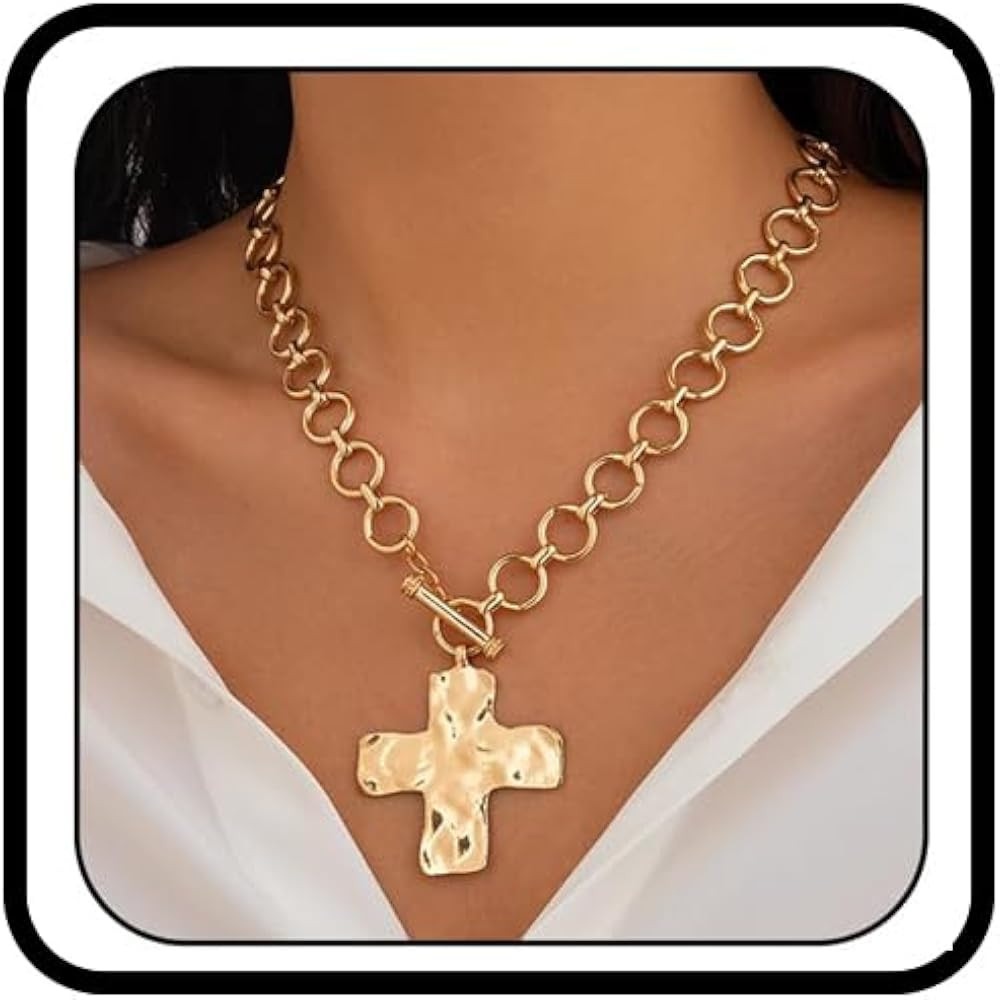 Atiptu Gold Chunky Cross Necklace for Women Statement Cross Pendant Necklace Layered Hammered Bold Cross Necklace Vintage Toggle Clasp Necklace Jewelry | Amazon (US)