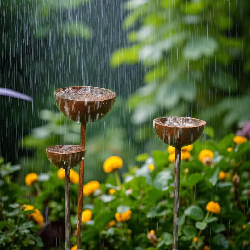 Metal Bee Rain Catcher Stakes: Rustic Garden Water Bowls | Etsy (US)