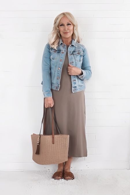 Light wash denim jacket + dark beige tank dress + seagrass tote + supportive slide sandals

Summer outfit + spring outfit + classic style plus over 40+ over 50+ over 60