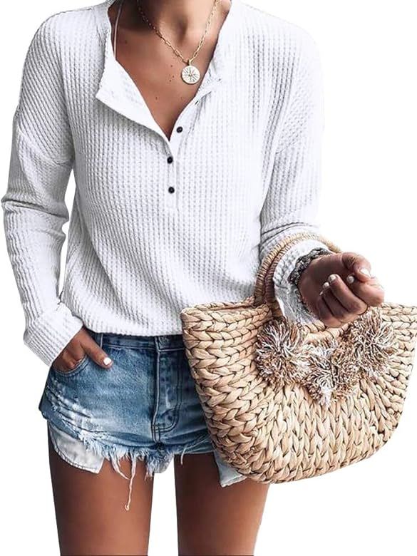 Womens Henley Shirts V Neck Long Sleeve Button Down Tops Warm Waffle Knit Tees | Amazon (US)