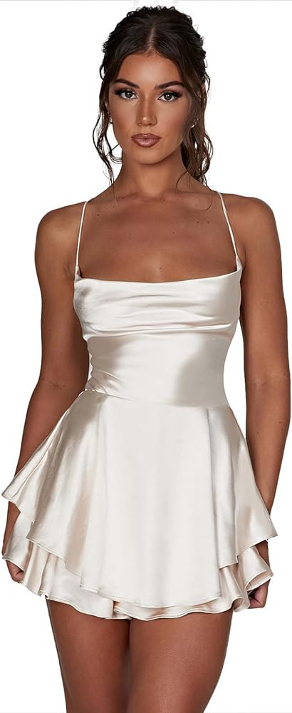 Women Sexy Spaghetti Strap Satin Dress Sleeveless Low Cut Backless Short Romper Dress Party Jumps... | Amazon (US)