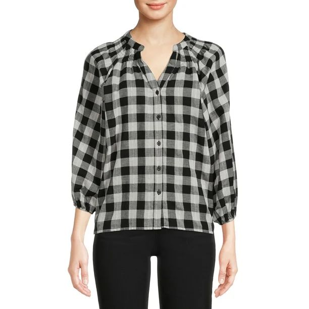 Time and Tru Women's Button Down Top with Puff Sleeves - Walmart.com | Walmart (US)
