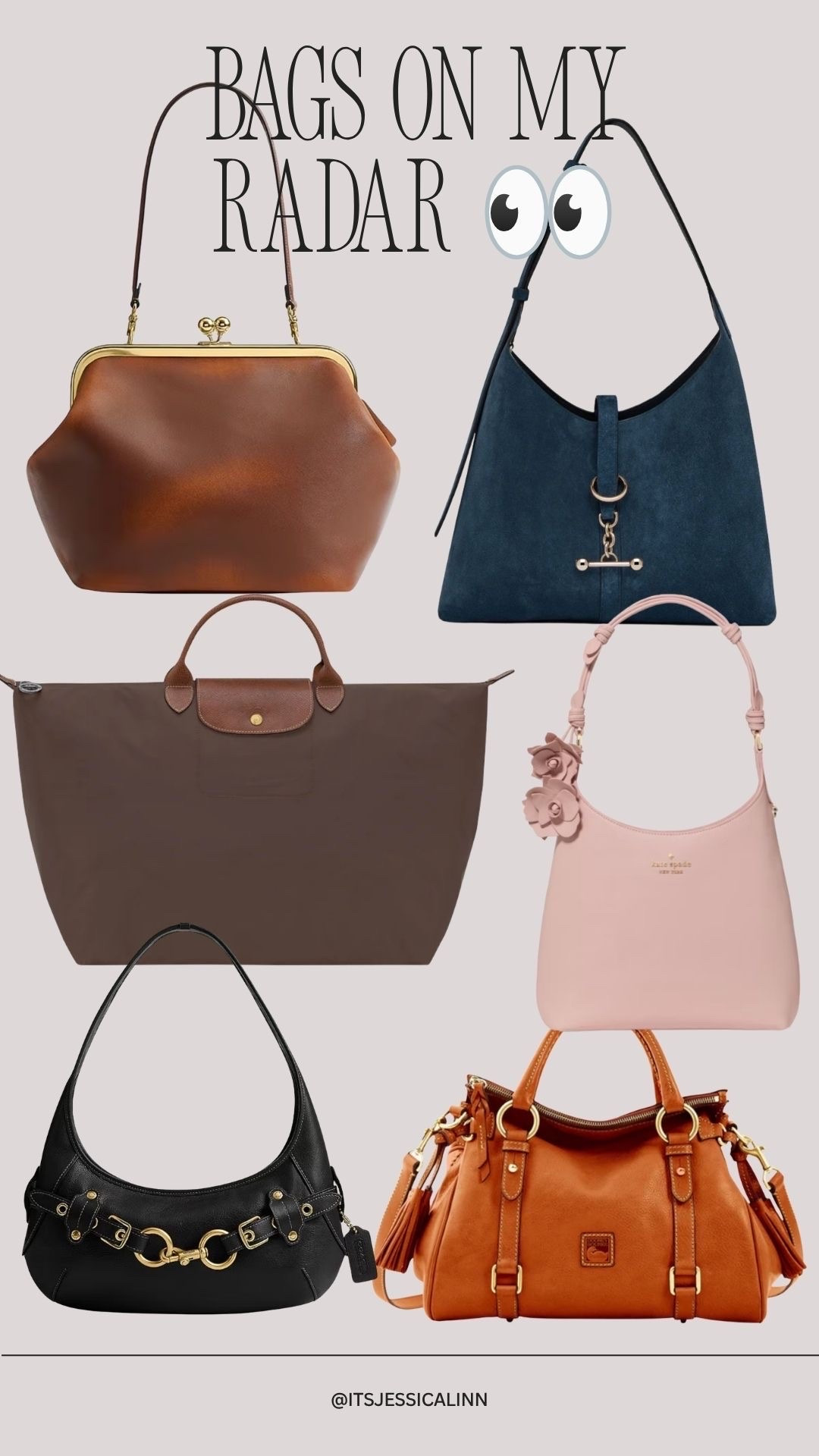 Bags I’ve had my eye on for my next buy 😍 do you have any of these and if so, do you love them?!
I love the brown loved leather Coach has just come out with
I’ve also been wanting a dooney and Bourke florentine satchel, the Coach ergo in black, a Longchamp travel bag in mocha and the Kate spade pink floral 454 and the strathberry blue suede tote 😍