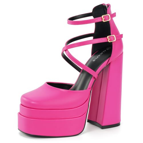 ALICEPUB Hot Pink Women's Chunky Platform High Heels Closed Toe Platform Heels for Women Ankle Strap Square Toe Block Pump Heels Sexy Prom Party Pumps Shoes Comfortable Dress Shoes, Size 9.5 | Amazon (US)