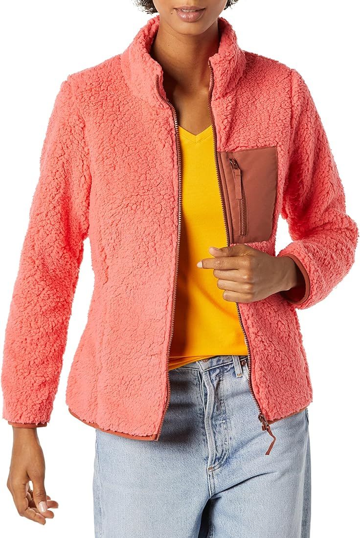 Amazon Essentials Women's Sherpa Long-Sleeve Mock Neck Full-Zip Jacket with Woven Trim (Available... | Amazon (US)
