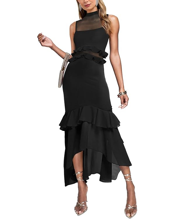 Aisbei Women's Elegant Bodycon Maxi Dress Mock Neck Sleeveless Mesh Ruffle Dress Party Cocktail F... | Amazon (US)