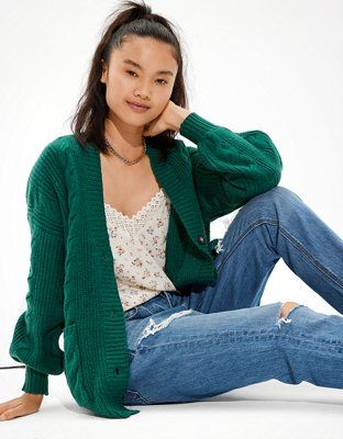 AE Oversized Cable Knit Button-Up Cardigan | American Eagle Outfitters (US & CA)