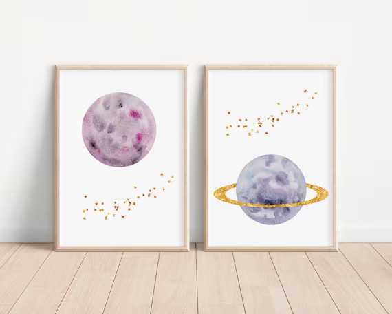 Purple Planet Set of 2 Nursery Art Prints Planets Wall Art - Etsy | Etsy (US)