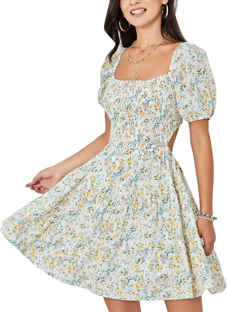 Byinns Women's Square Neck Ruffle Mini Dress Smocked Cut Out Ditsy Floral Backless Tiered Puff Sh... | Amazon (US)