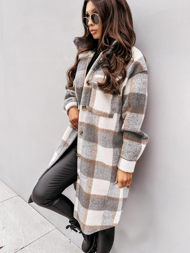 Yousify Womens Oversize Plaid Lapel Brushed Button Down Pocketed Long Shirt Jacket Shacket Coat | Amazon (US)