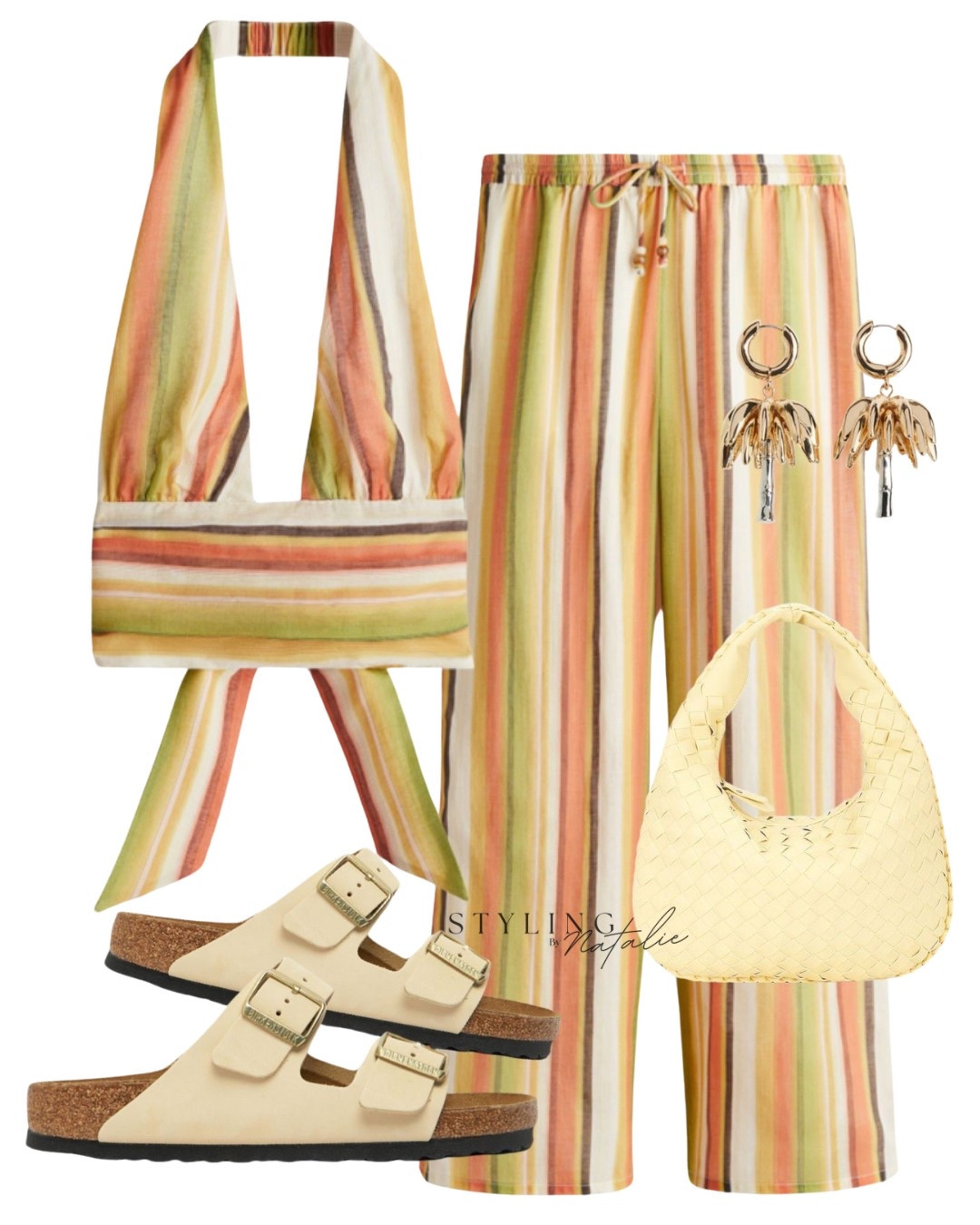 Stripe co-ord 💛 🌴 
Halter neck crop top and matching pull on trousers, yellow Birkenstocks and bag with palm tree earrings. H&M, high street, holiday outfit, resort wear, vacation style. Comfy casual, trendy, summer outfit.

#LTKeurope #LTKstyletip #LTKsummer
