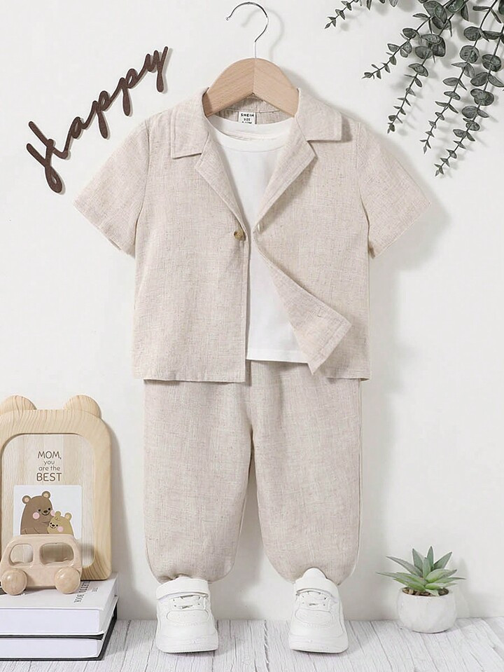 SHEIN Baby Boys' Soft Bamboo Knot Texture Henley Cardigan And Solid Color Jogger Pants 2pcs Outfi... | SHEIN