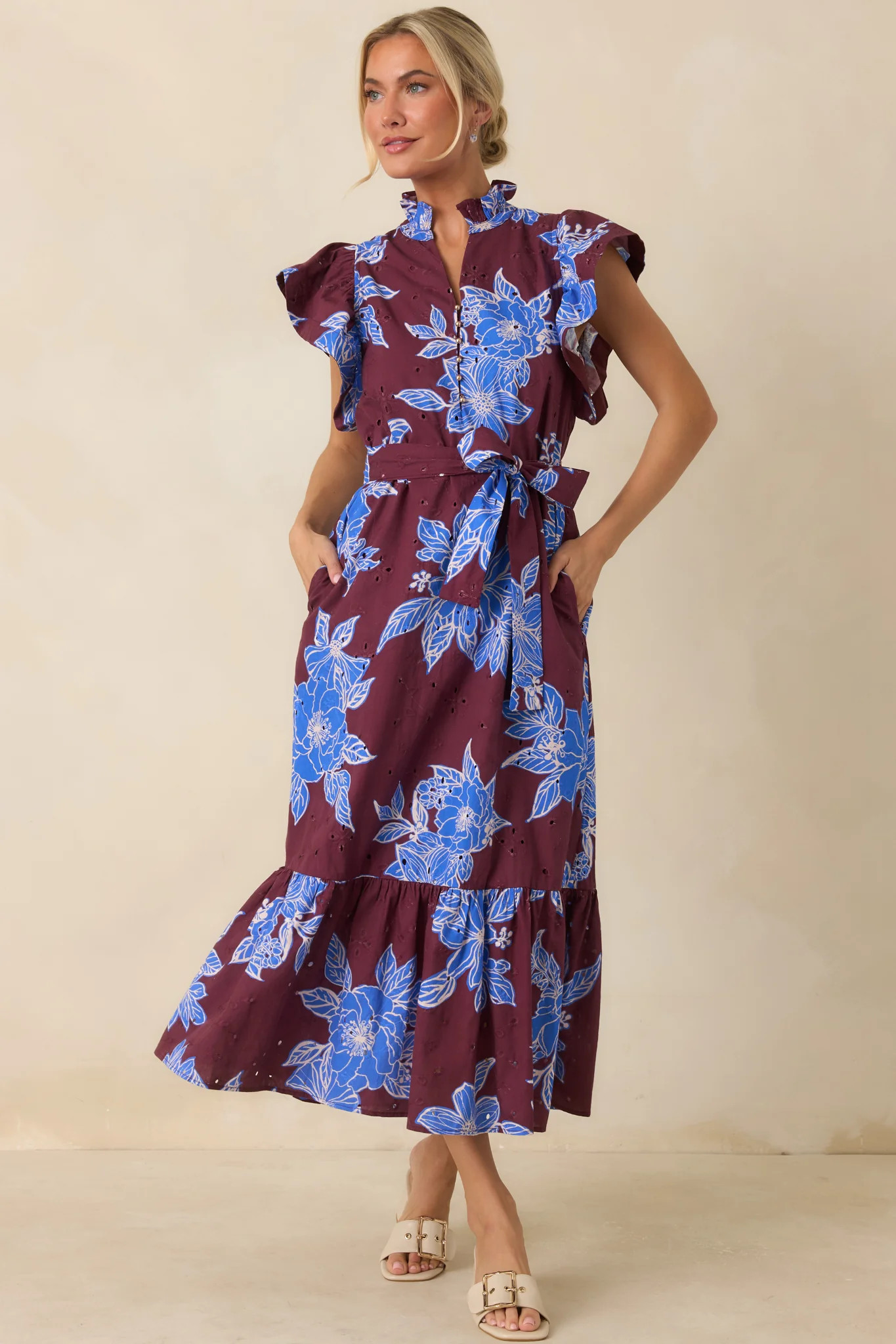 Fresh Air Affair Wine & Cobalt Floral Cotton Eyelet Midi Dress | Red Dress