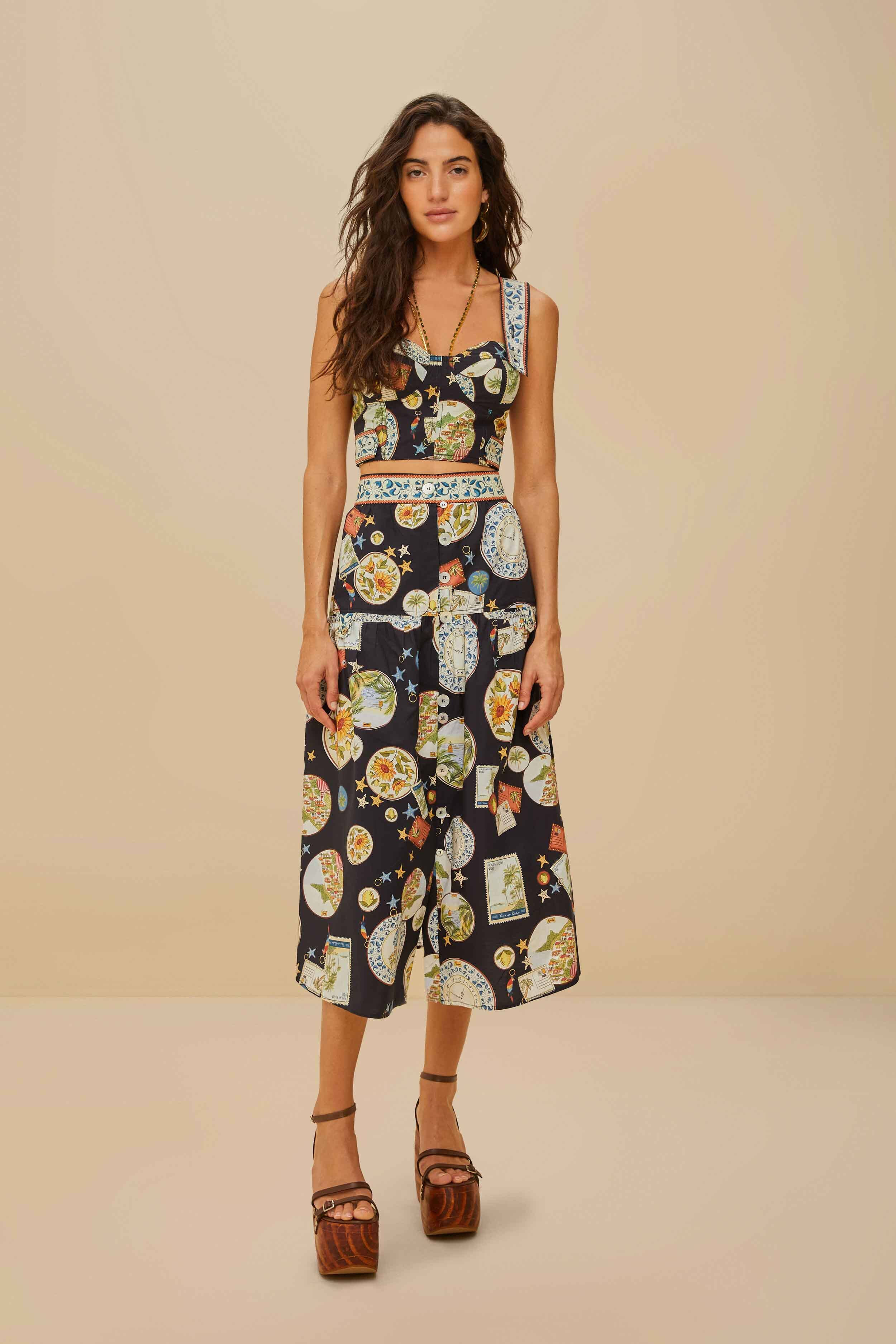 Black Trip Souvenir Organic Cotton Midi Skirt | FarmRio (US)