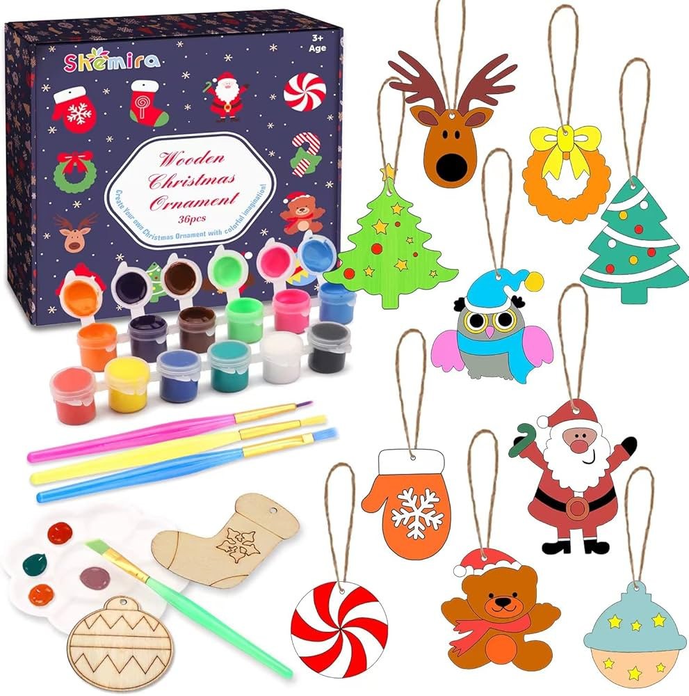 Shemira Christmas Craft Kit for Kids, 36pcs Wooden Christmas Ornaments with Painting Set,Paint Yo... | Amazon (US)