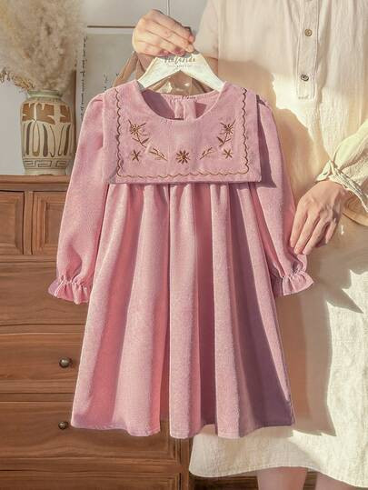 Vintaside Kids Young Girl' Floral Embroidered Long Sleeve Fitted Dress, Sweet Style, Suitable For... | SHEIN