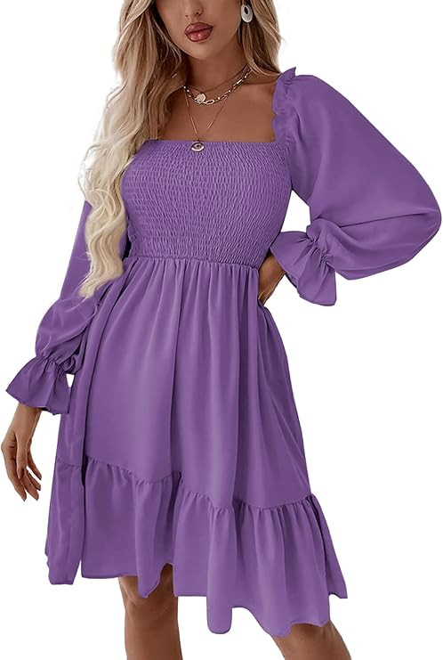 LYANER Women's Square Neck Lantern Long Sleeve Ruffle Shirred Flowy Party Mini Dress | Amazon (US)