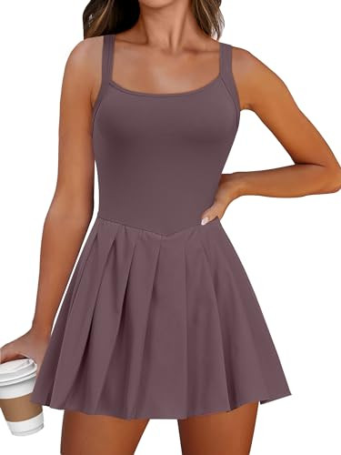 ANRABESS Women's Tennis Athletic Pleated Summer Mini Dress 2025 Golf Workout Build in Shorts Casual Romper Short Sundress Dark Purple Brown X-Large | Amazon (US)