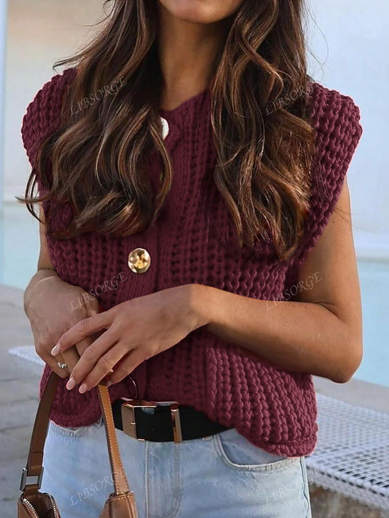Women's Solid Color Single-Breasted Loose Casual Sweater Vest, Wine Red, Autumn/Winter | SHEIN