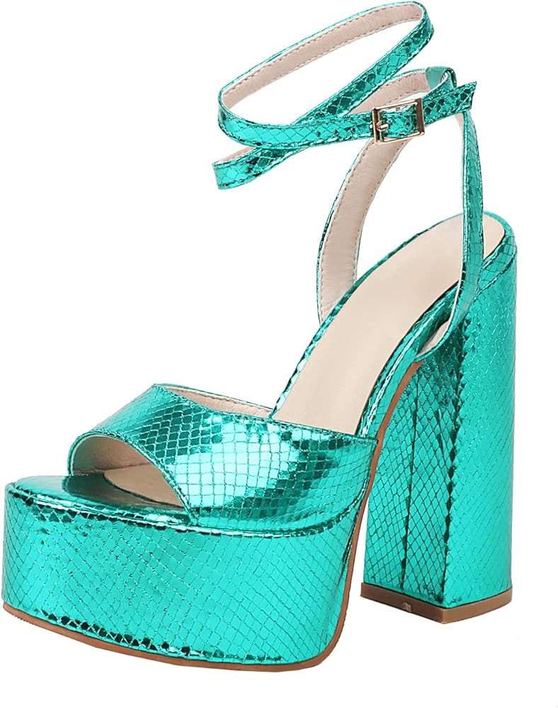 Platform Chunky High Heels Sandals Glitter Sparkle Shoes Metallic Snakeskin Open Toe Block Heel A... | Amazon (US)