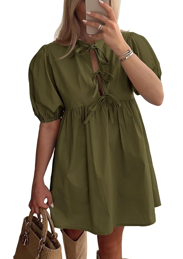 PRETTYGARDEN Womens 2025 Summer Casual Short Sleeve Dresses A Line Bow Tie Front Babydoll Loose C... | Amazon (US)