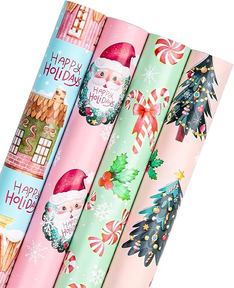 WRAPAHOLIC Christmas Wrapping Paper Roll - Pink Gingerbread House, Santa Claus, Christmas Tree an... | Amazon (US)