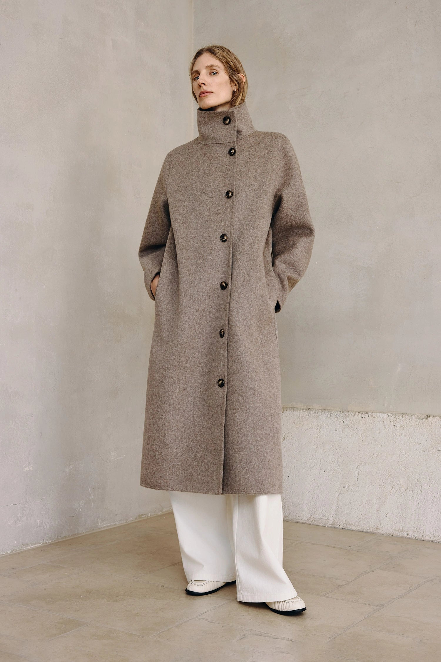 Eligio Handmade Taupe Coat | Pure Wool Asymmetrical Collar | Rue Sophie