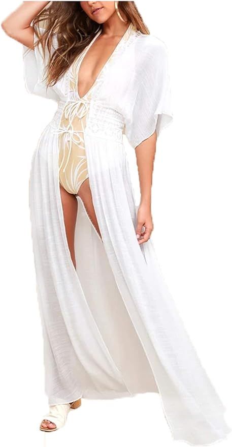 Wander Agio Womens Bikini Cover Ups Beach Coverup Swimsuits Sunscreen Long Waist Lace White | Amazon (US)